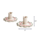 Pink green scalloped candle holder with dimension of 5" x 2.5".
