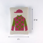Rectangular pillow with a pink and green jockey outfit design shown with 12 inch length and 8 inch width.