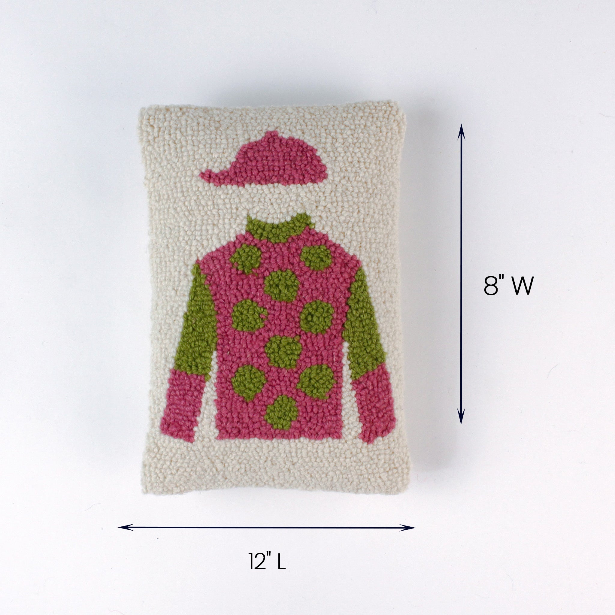 Rectangular pillow with a pink and green jockey outfit design shown with 12 inch length and 8 inch width.