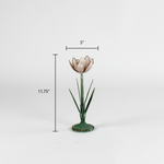 a large metal flower candle holder in the shape of a pink tulip on a white background with a dimension of 5" by 11.75"