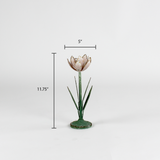 a large metal flower candle holder in the shape of a pink tulip on a white background with a dimension of 5" by 11.75"
