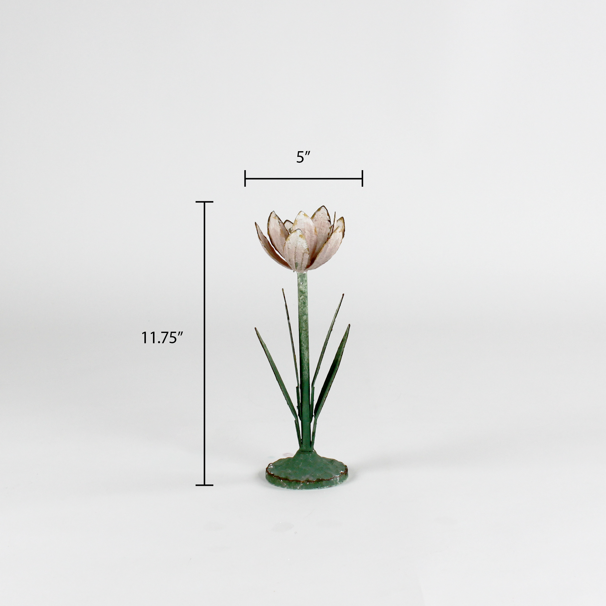a large metal flower candle holder in the shape of a pink tulip on a white background with a dimension of 5" by 11.75"