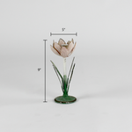 a small metal flower candle holder in the shape of a pink tulip on a white background with a dimension of 5" by 9"