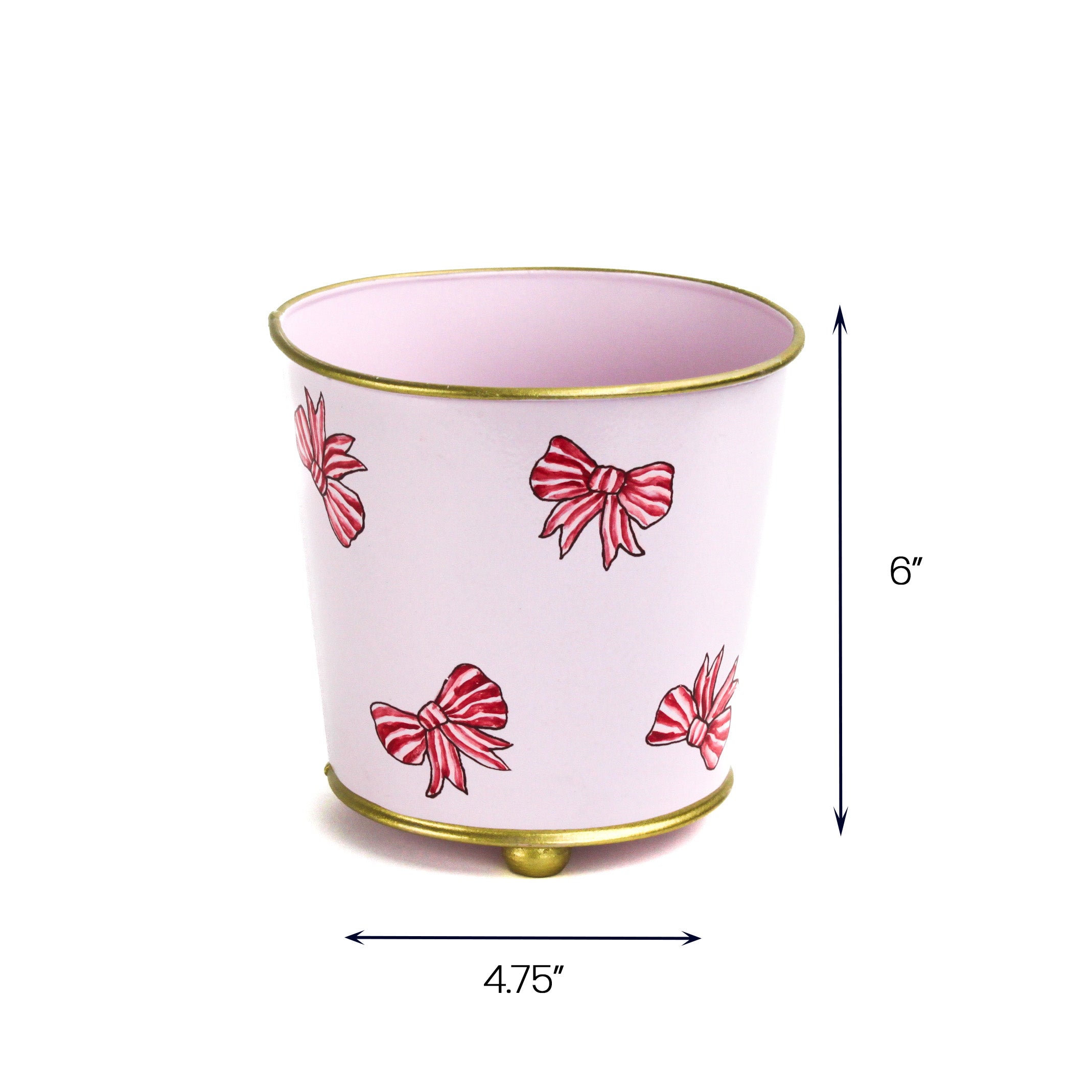 Pink bow tole planter cachepot with hand-painted red bow motif, 6 inch tall and 4.75 inch wide decorative metal planter