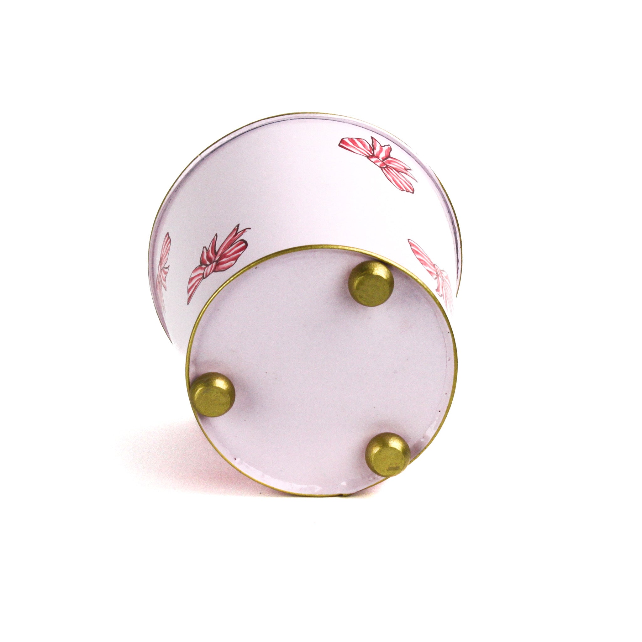 Bottom view of pink tole cachepot with gold feet and gold-trimmed base.