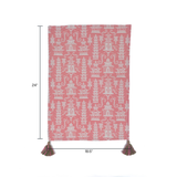 a pink chinoiserie tea towel with white pagodas and green and pink tassels in the corner resting on a white background and dimensions that read 24" x 18.5"