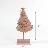Pink tabletop Christmas tree decor with gold trim and red accents on a base, measuring 13.5 inches long and 3 inches high.