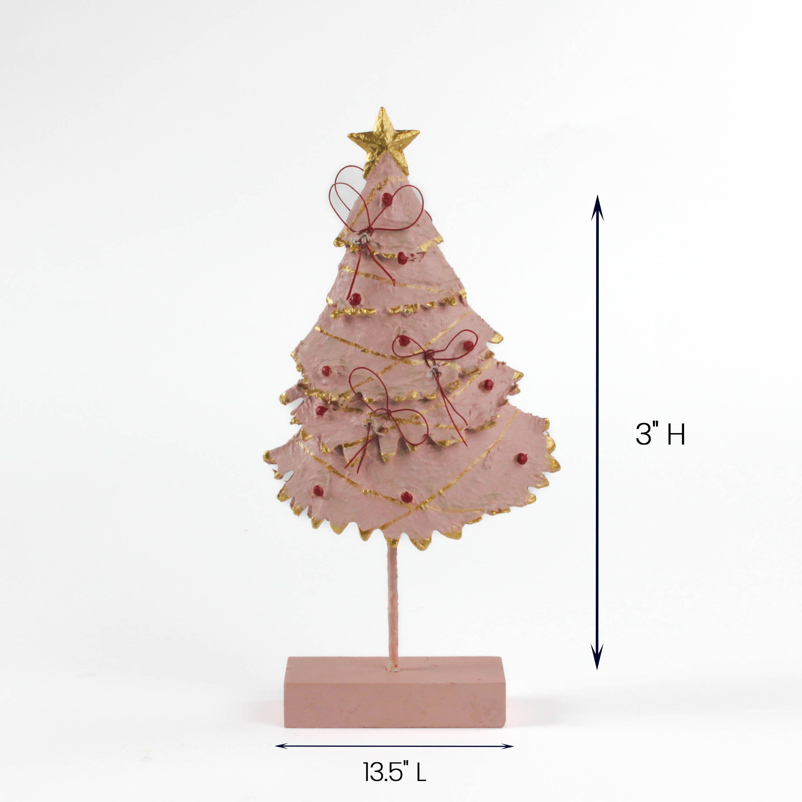 Pink tabletop Christmas tree decor with gold trim and red accents on a base, measuring 13.5 inches long and 3 inches high.