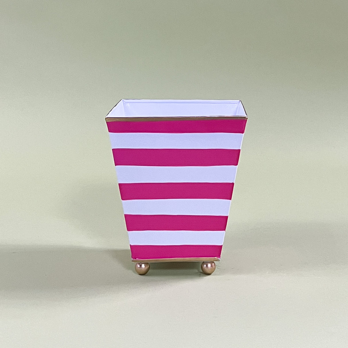 Pink/White Striped Hand-Painted Tole Cachepot