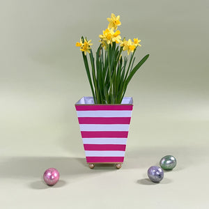 Pink/White Striped Hand-Painted Tole Cachepot/Planter with flowers