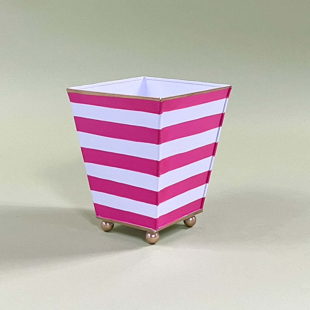 Pink/White Striped Hand-Painted Tole Cachepot side angle