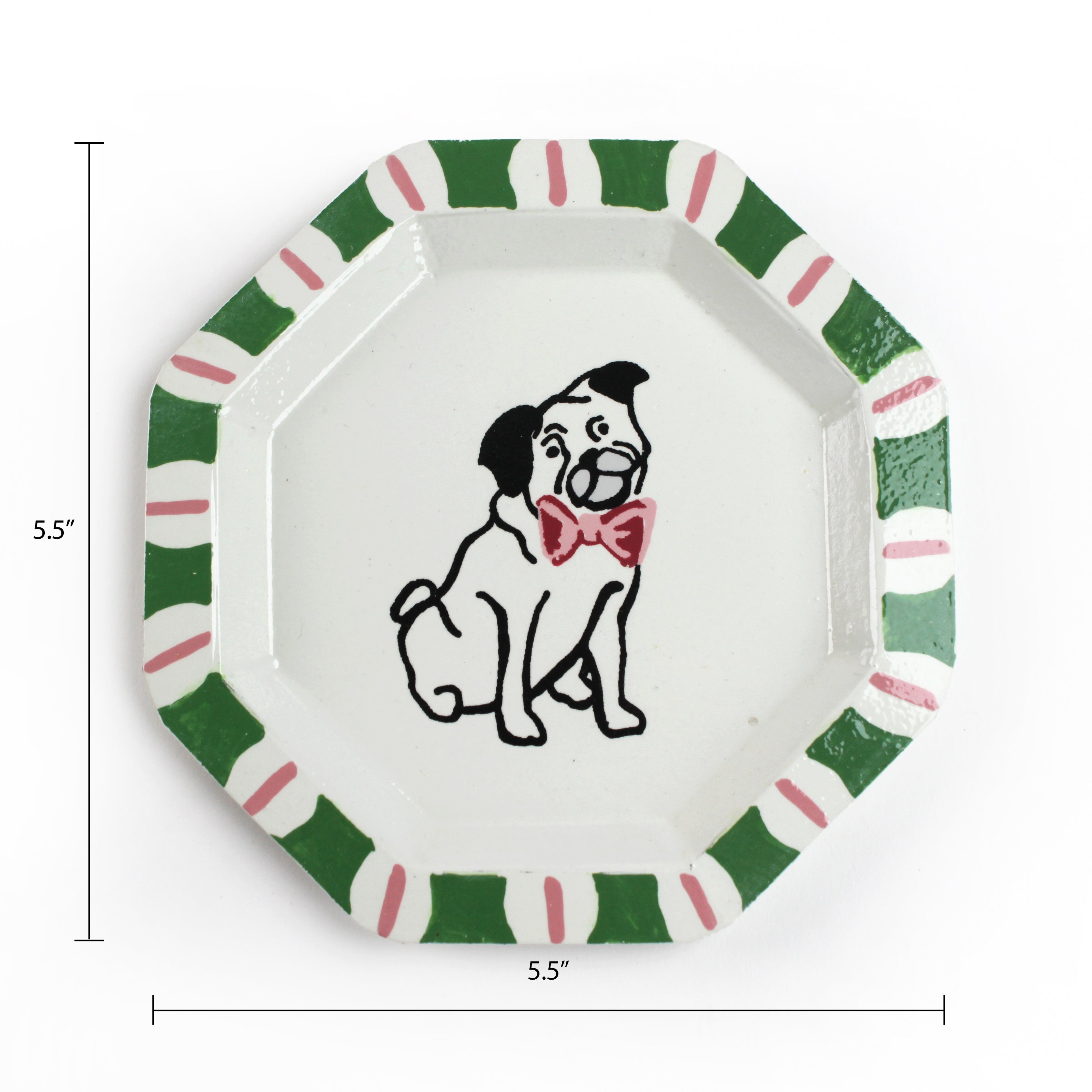 Octagonal Pug Hand-Painted Tole Metal Trinket Tray Green and Pink dimension