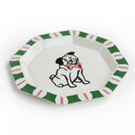 Octagonal Pug Hand-Painted Tole Metal Trinket Tray Green and Pink