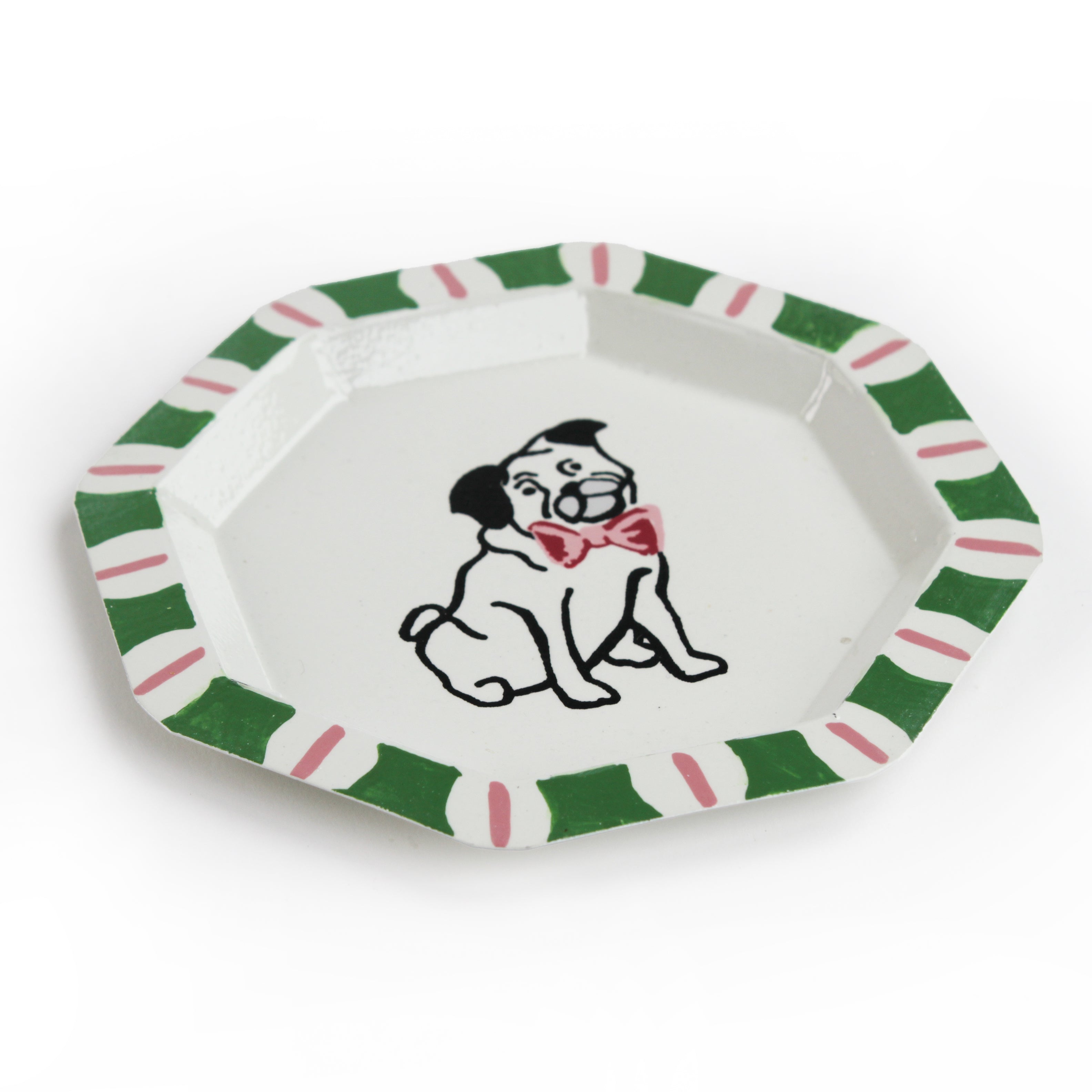 Octagonal Pug Hand-Painted Tole Metal Trinket Tray Green and Pink