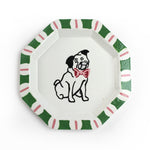 Octagonal Pug Hand-Painted Tole Metal Trinket Tray Green and Pink