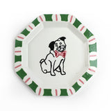 Octagonal Pug Hand-Painted Tole Metal Trinket Tray Green and Pink
