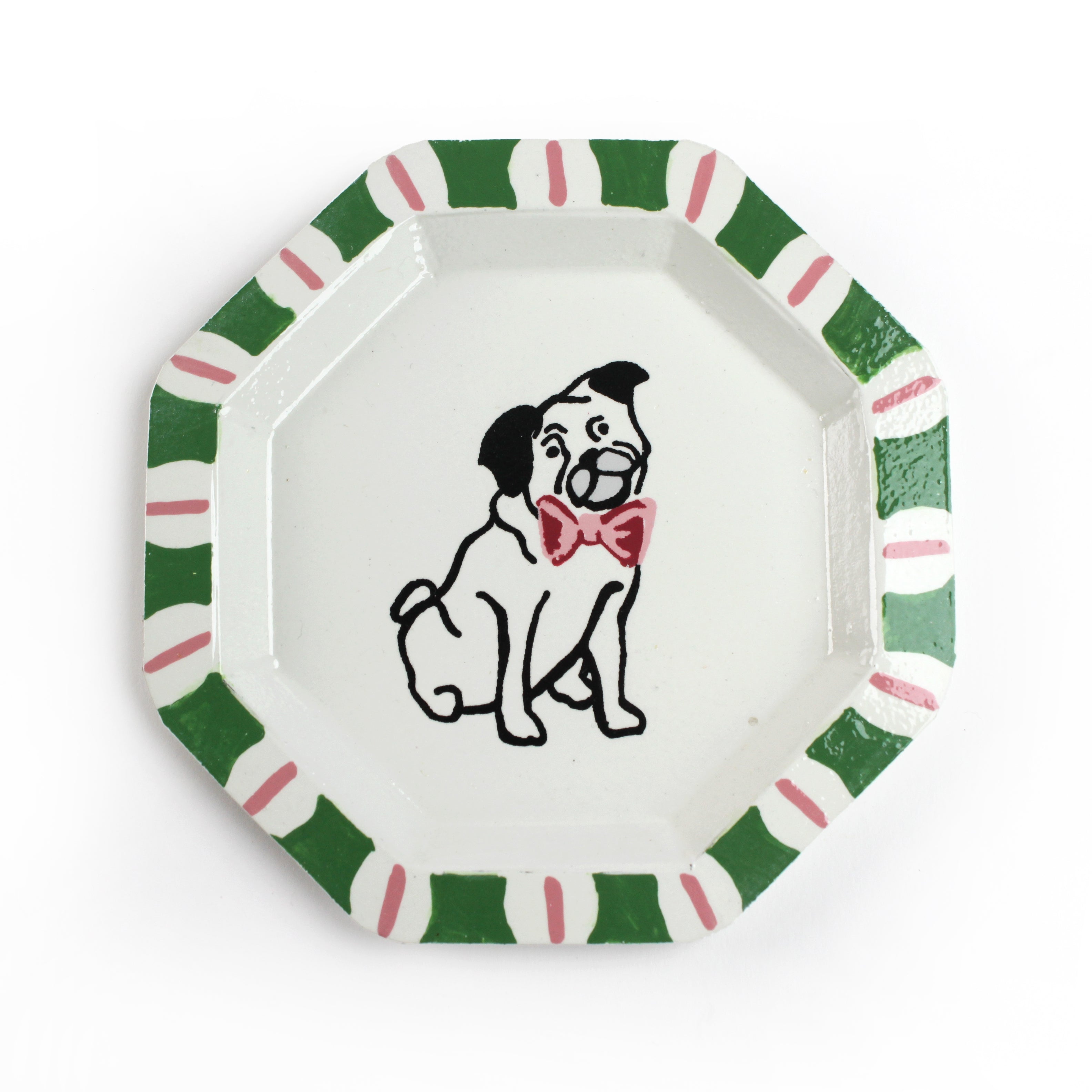 Octagonal Pug Hand-Painted Tole Metal Trinket Tray Green and Pink