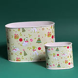 Two Pug Perfection decoupage caddies with a Christmas-themed design featuring pugs, trees, and gifts in green and white colors.