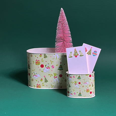 Pug Perfection Christmas caddy filled duo in large and small on a green background
