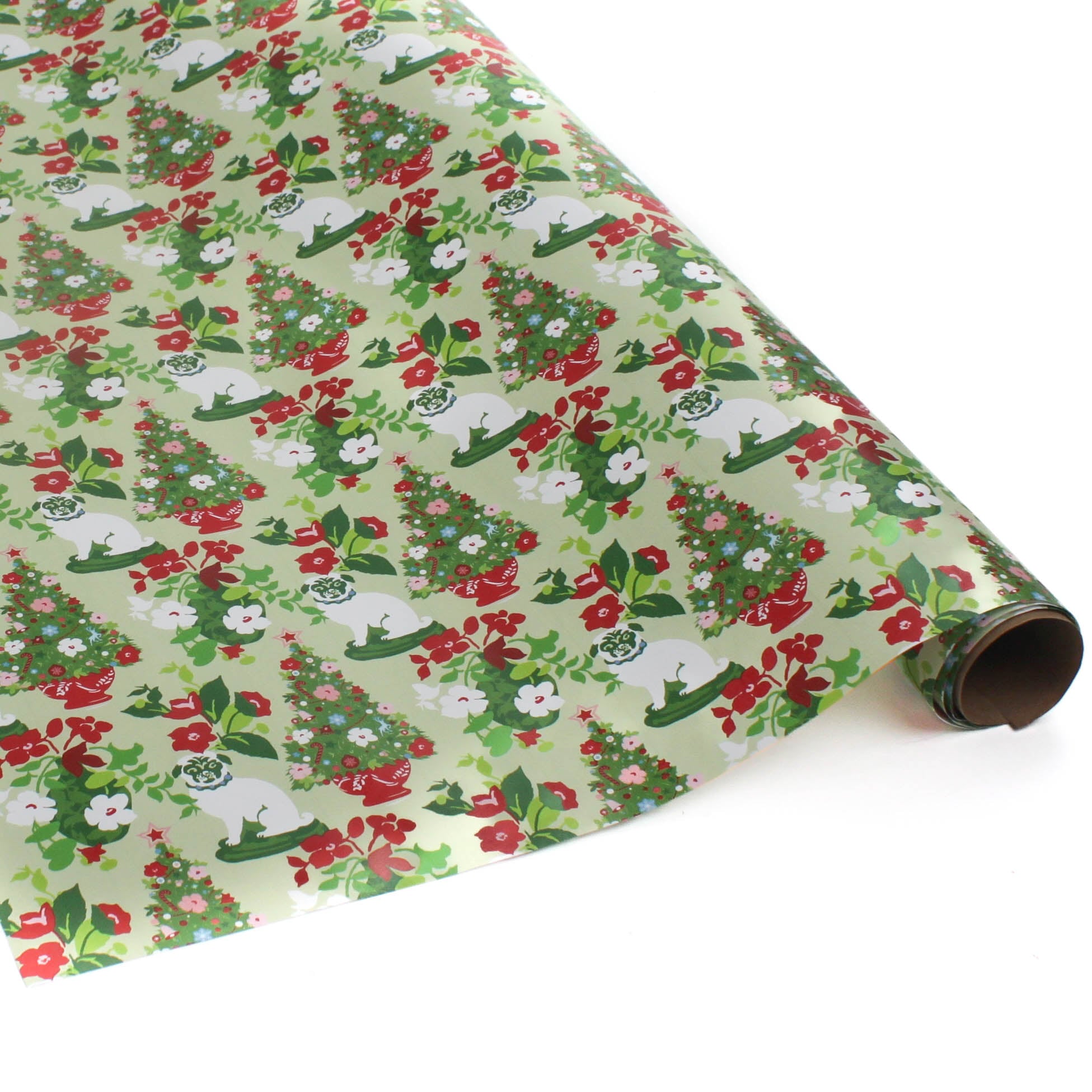 Christmas Pug Wrapping paper with a pug and Christmas tree motif