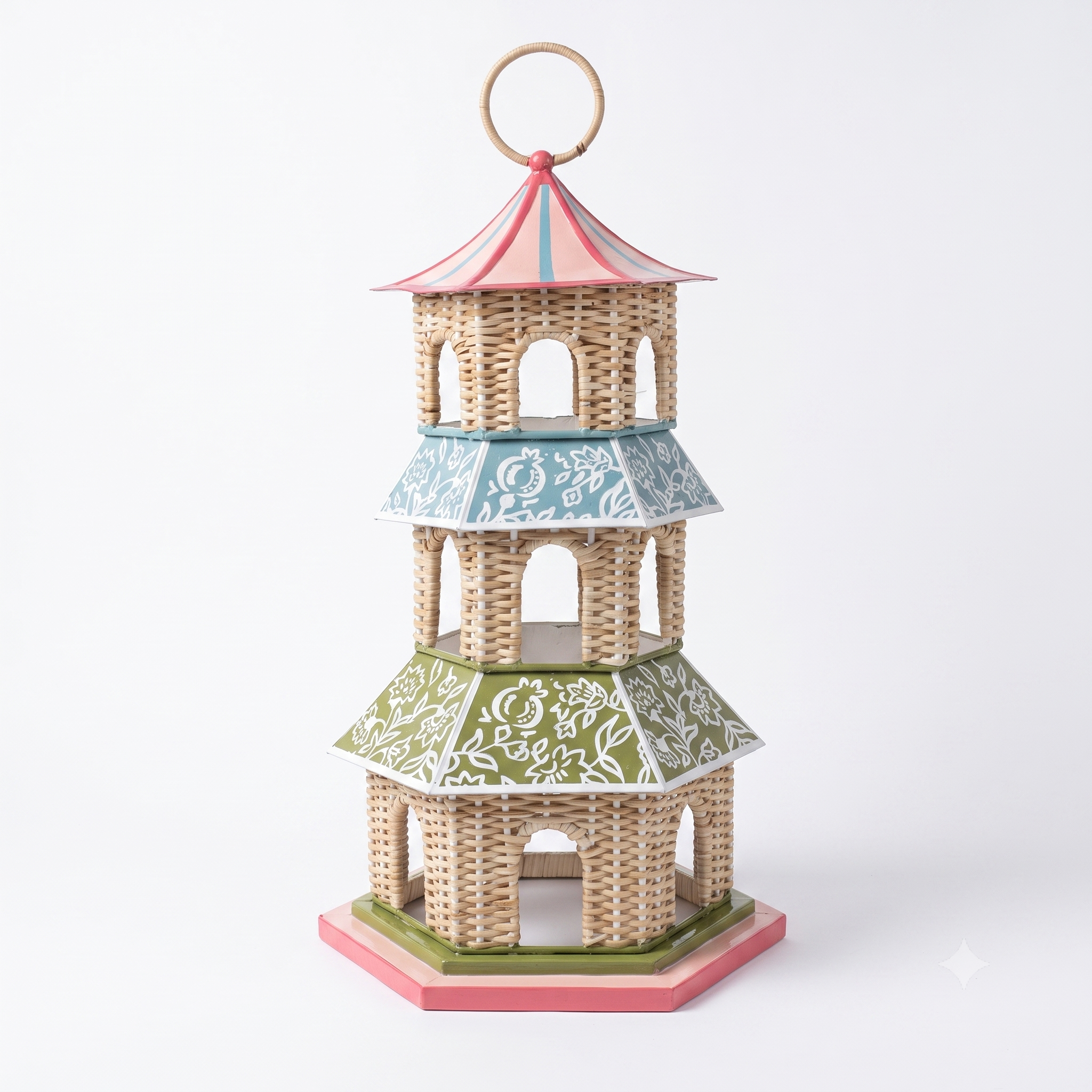 A three tiered rattan pagod with hand painted metal rooves in pastel colours. 