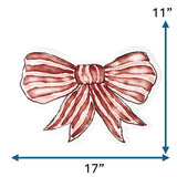 Oversized red striped bow wall décor with hand-painted look, measuring approximately 17 inches wide and 11 inches tall, displayed on a white background.