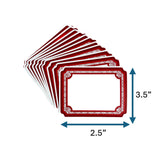 Stack of red decorative paper place cards with ornate border, measuring approximately 2.5 inches wide and 3.5 inches tall, displayed on a white background.