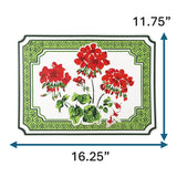 Rectangular decorative placemat featuring red geranium flowers with green patterned border, measuring approximately 16.25 inches wide and 11.75 inches tall, displayed on a white background.