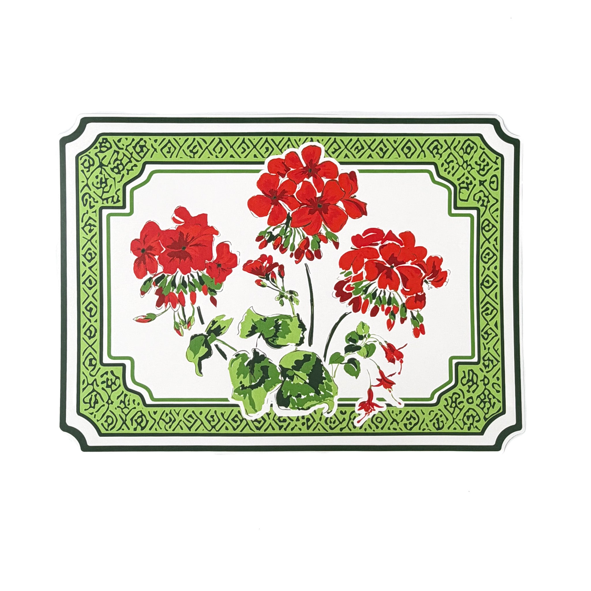 Rectangular decorative placemat featuring red geranium flowers with green patterned border, displayed on a white background.