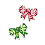 Set of two bow-shaped decorative trays in red and green striped designs.