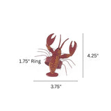 Red lobster napkin ring measuring 3.75 inches wide and 4.25 inches high with 1.75 inch ring.