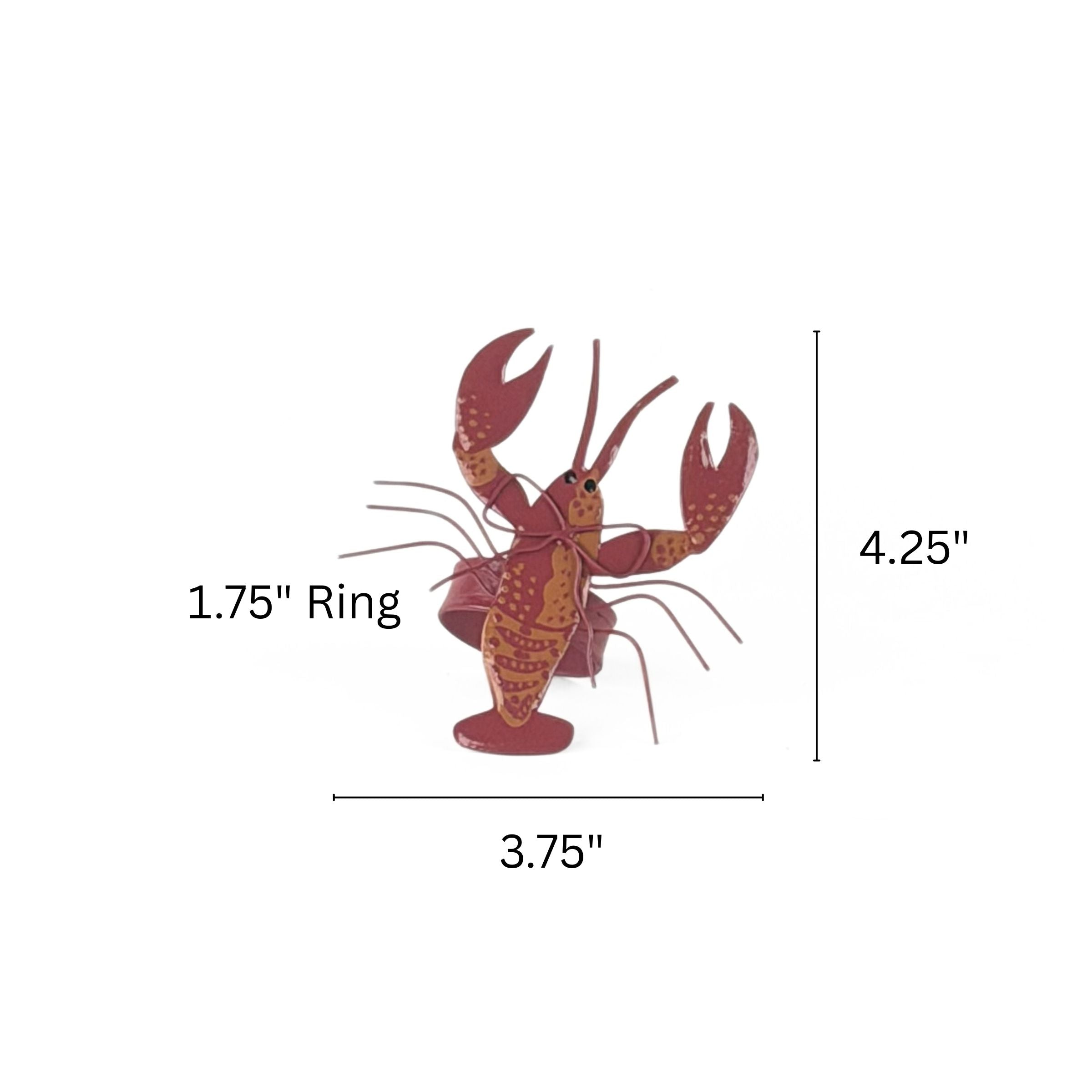 Red lobster napkin ring measuring 3.75 inches wide and 4.25 inches high with 1.75 inch ring.