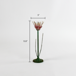 a large metal flower candle holder in the shape of a red lotus on a white background with a dimension of 5" by 13.5"