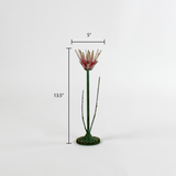 a large metal flower candle holder in the shape of a red lotus on a white background with a dimension of 5" by 13.5"