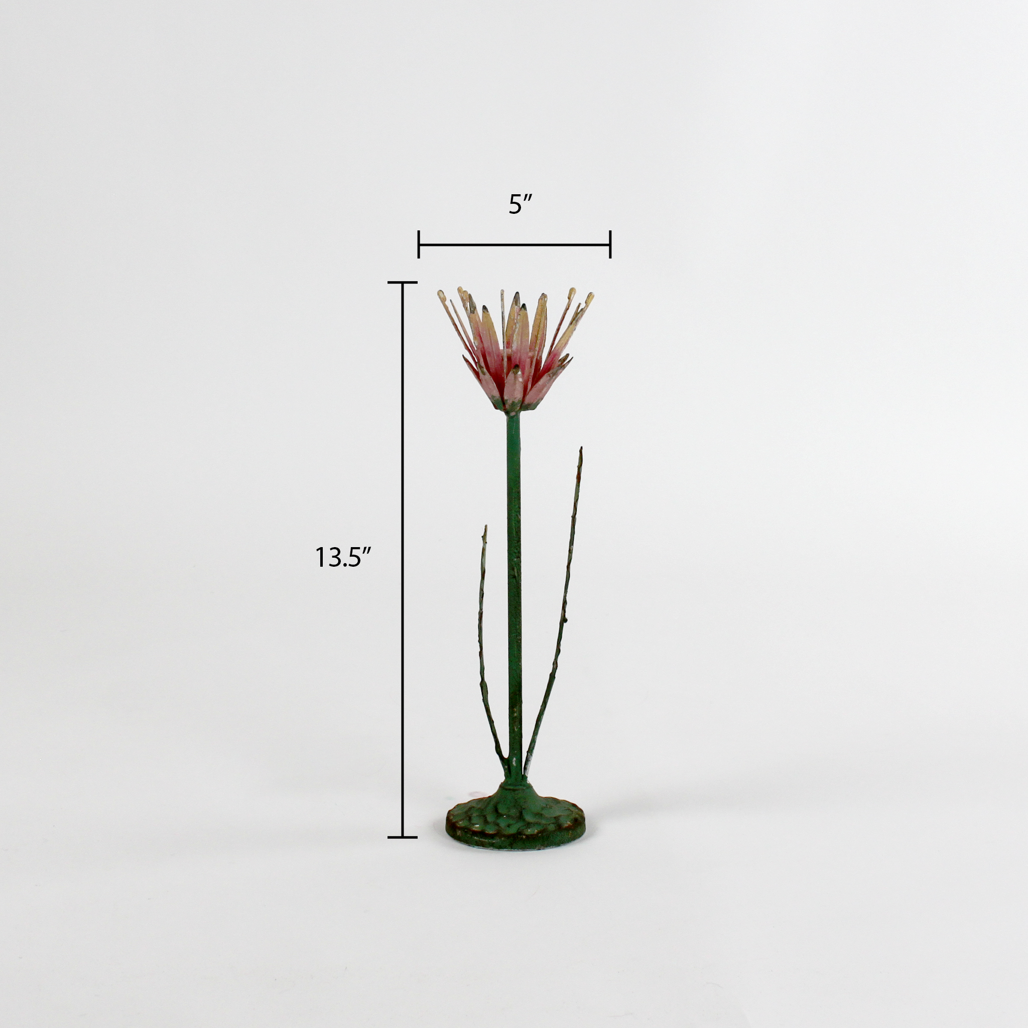 a large metal flower candle holder in the shape of a red lotus on a white background with a dimension of 5" by 13.5"