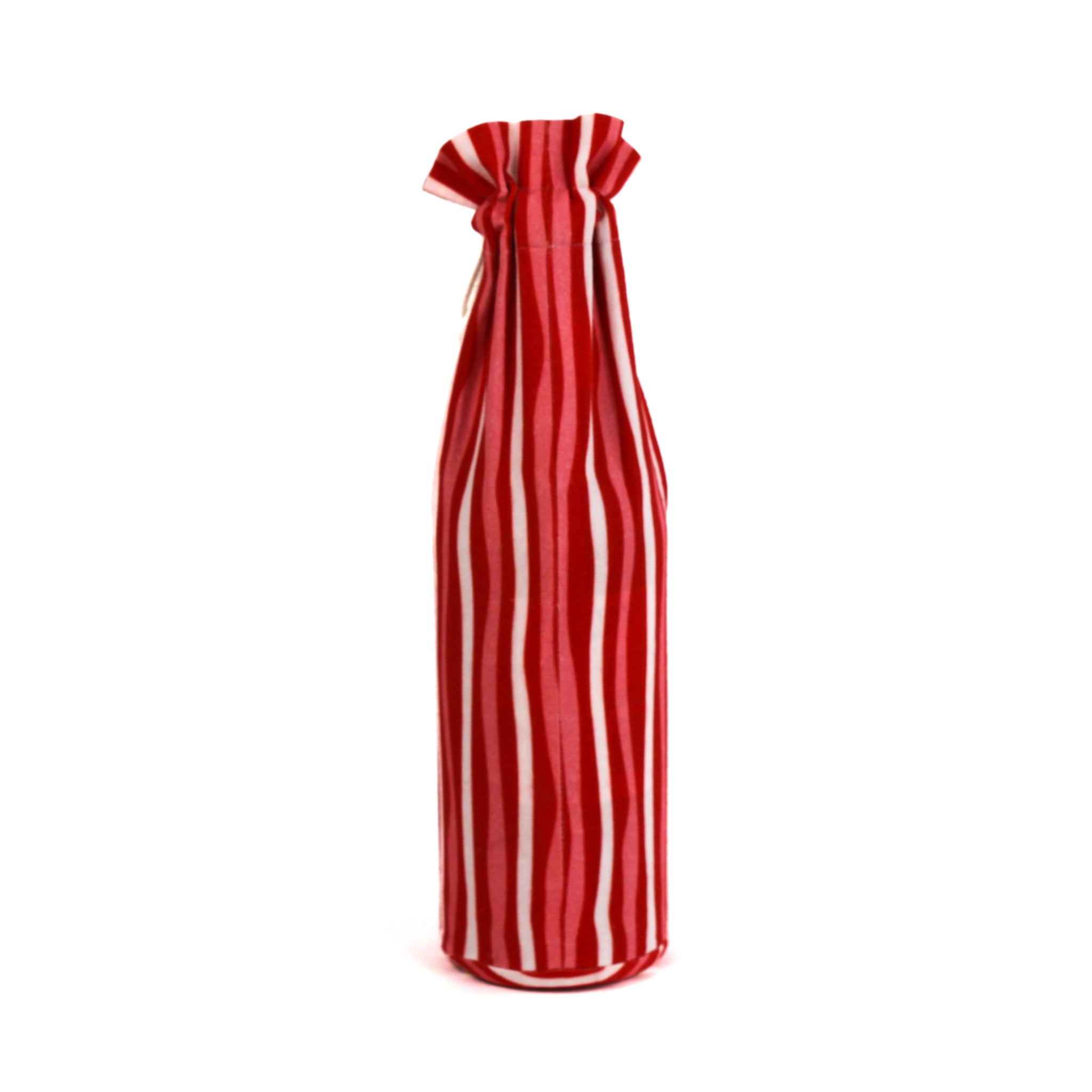 red and white striped fabric wine bag standing upright