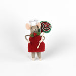 christmas mouse ornament in a red dress holding a lollipop on a white background