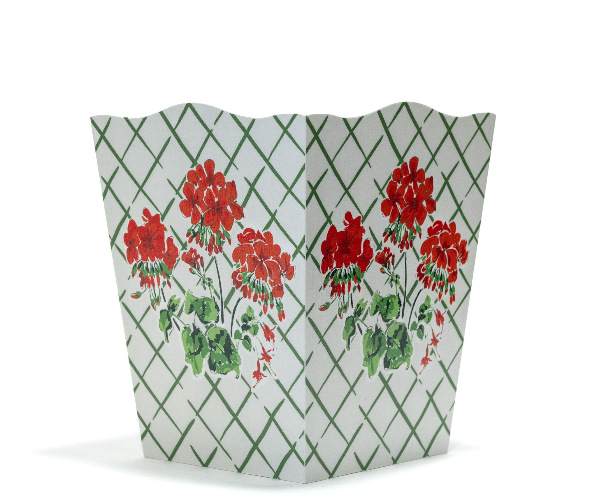 a red and white geranium wastepaper basket in "cottage Grove" pattern by madcap cottage.