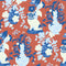 Red, Blue and white chinoiserie wallpaper with blue and white pug and vase motifs on a red background. 
