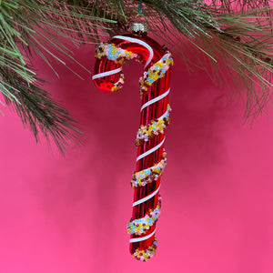 Bead-Embellished Candy Cane Glass Christmas Tree Ornaments, Set of 3