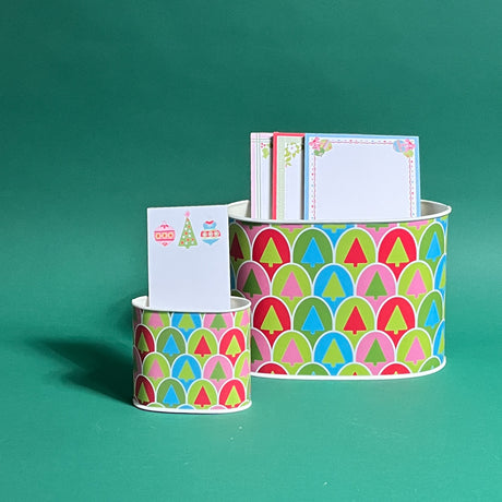 Retro Christmas Tree filled duo of caddies in large and small on a green background