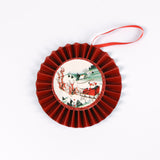 retro-style ruffled paper Christmas ornaments featuring vintage illustration, accented with red pleated borders and hanging ribbons