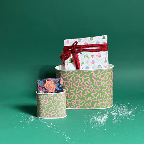 Ribbons Pink and Green filled duo of caddies in large and small on a green background