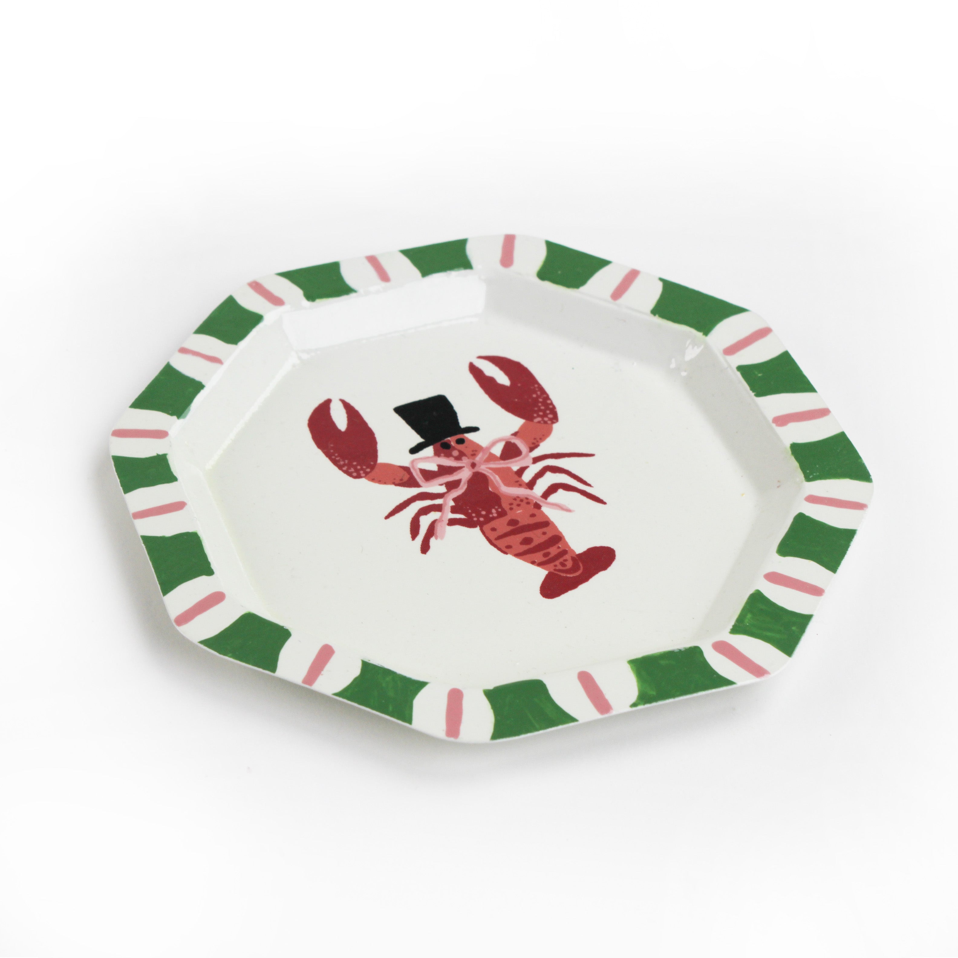 Octagonal Hand-painted Lobster Trinket Tray made of metal 