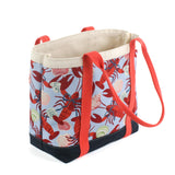 a large Rock Lobster canvas tote bags with a lobster pattern, against a white background.