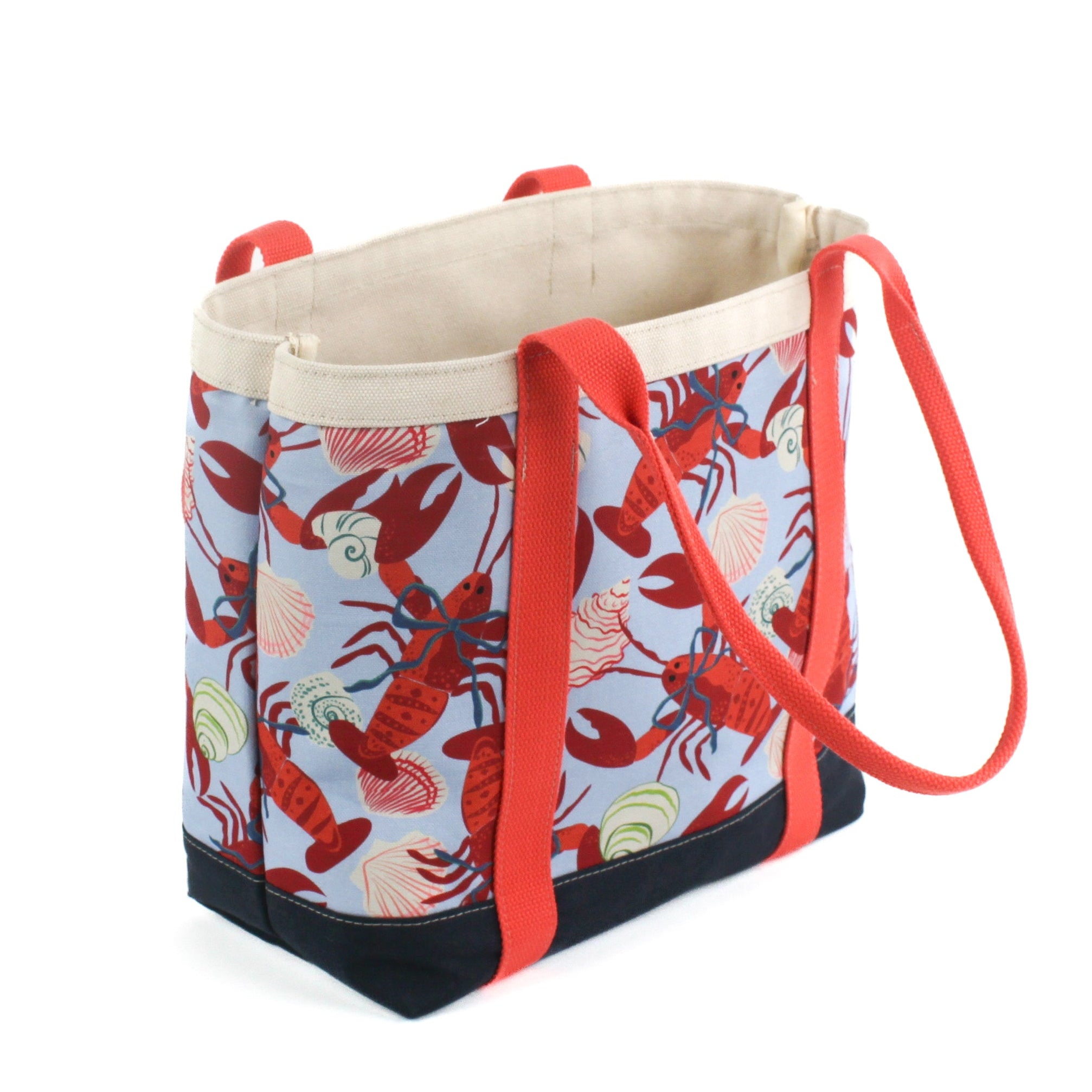 a large Rock Lobster canvas tote bags with a lobster pattern, against a white background.
