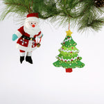 felt Christmas ornaments featuring a sequined green Christmas tree and a jolly Santa Claus in a red suit