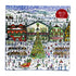 Christmas village 1000-piece puzzle showing snowy town square, Christmas tree, holiday shops, and festive crowd.