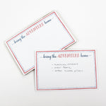 Luxe large notepad with quote ‘Bring the Adventure Home’ in blue and red typography, bordered with dotted design for chic desk stationery. placed in a white background