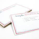 Luxe large notepad with quote ‘Bring the Adventure Home’ in blue and red typography, bordered with dotted design for chic desk stationery. placed in a white background